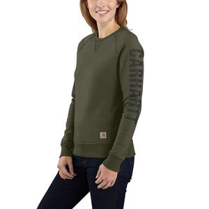 WOMEN'S RELAXED FIT MIDWEIGHT CREWNECK BLOCK LOGO SLEEVE GRAPHIC SWEATSHIRT